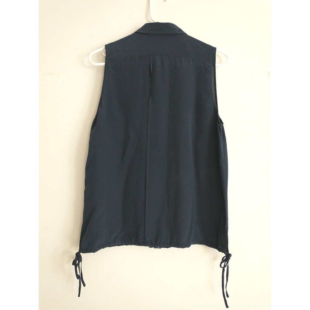 Club Monaco Blouse Top Women M Navy Blue 100% Silk Sleeveles Collar Snap Classic - Picture 5 of 11